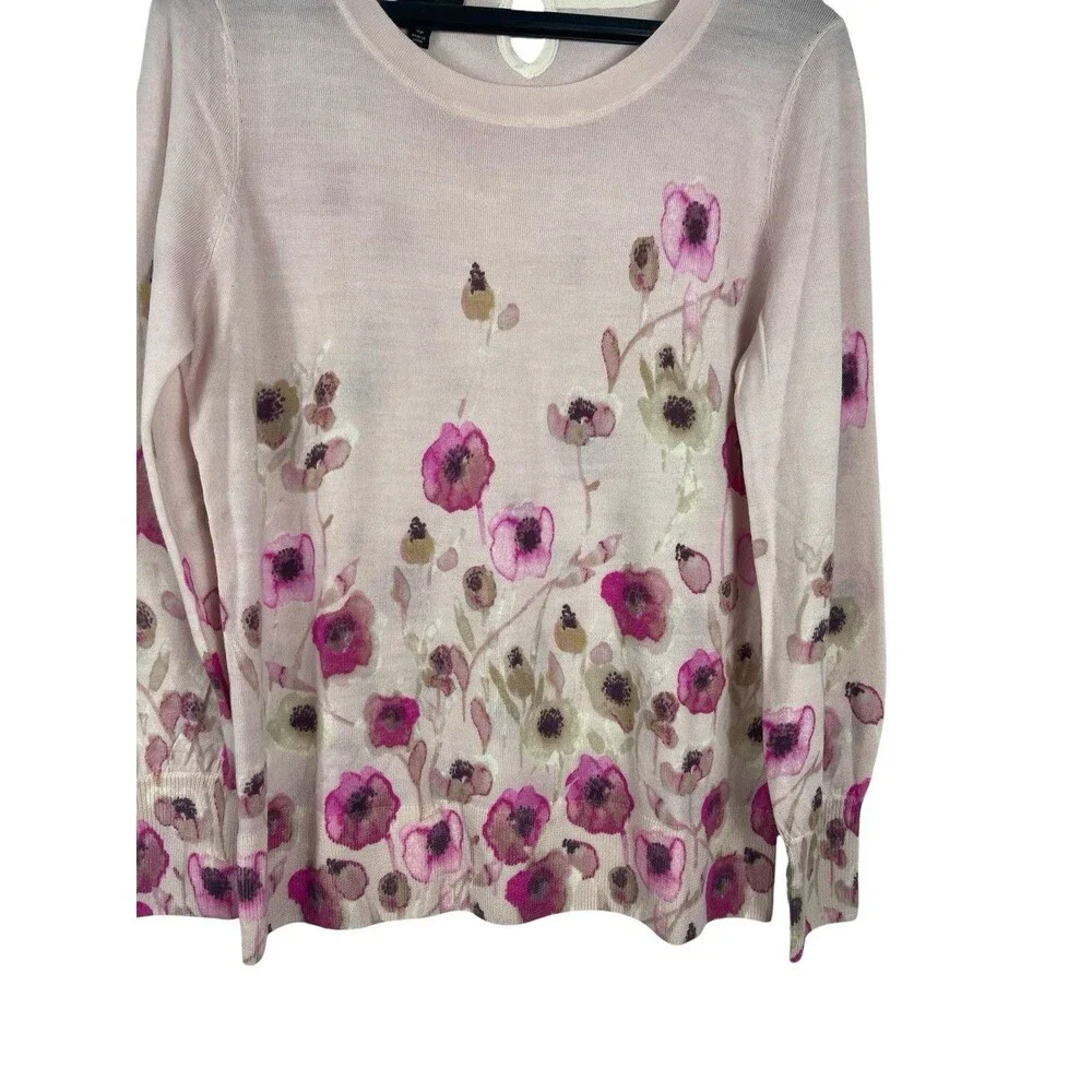 Talbots 100% Merino Wool Pink Floral Sweater PS Lightweight Knit